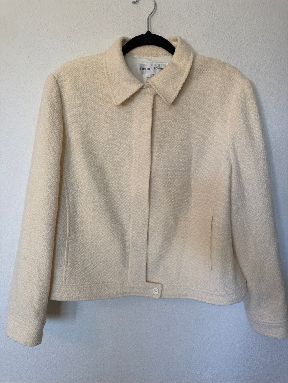 Vtg Rena Rowan Cream Wool Tweed Motto Biker Jacket sz  16 Crop Blazer ZIP Up XL